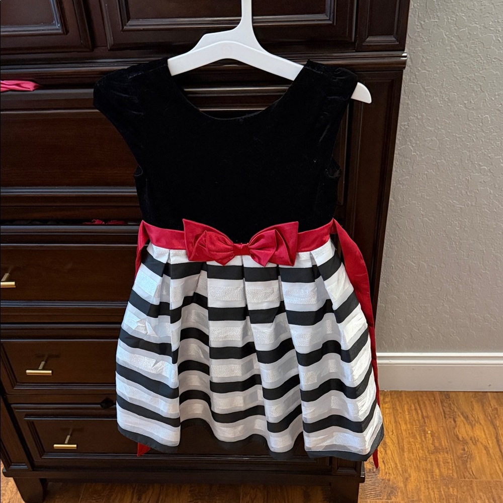 Jona Michelle Black and White Striped Dress with Red Accents